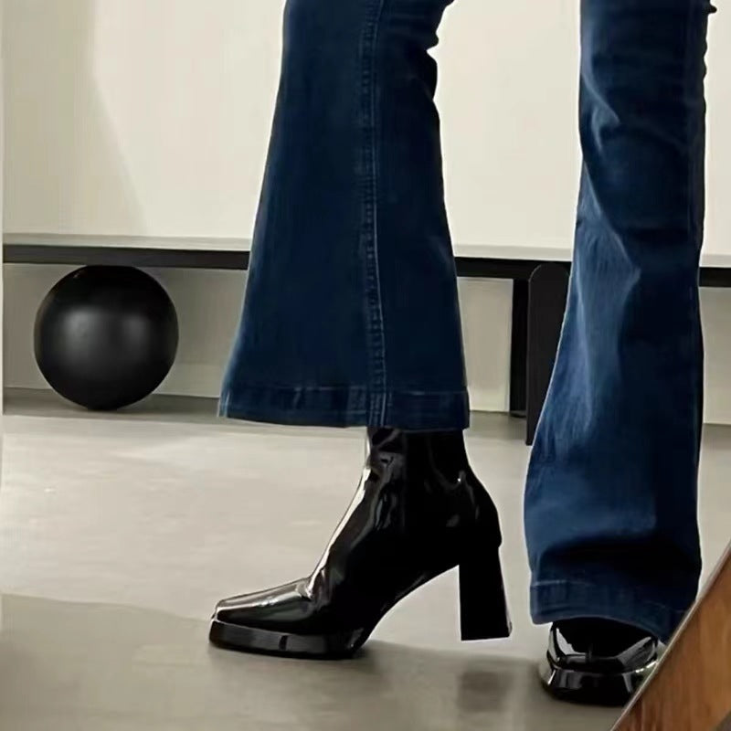 2025 square head thick heel small short boots women's black high heels rear zipper Martin boots patent leather thin boots winter