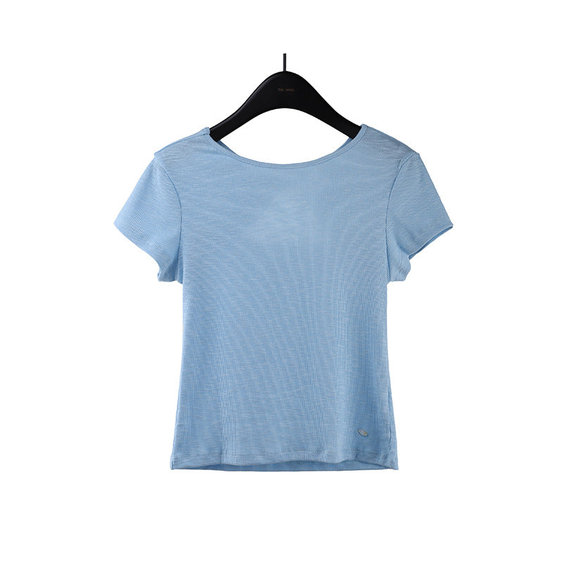 2025 kink backless design short-sleeved T-shirt women's 2025 summer Korean simple solid color top 015AX