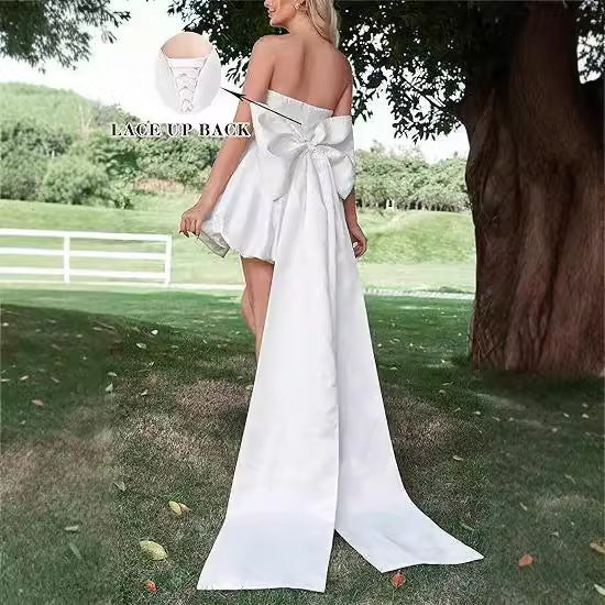 maoxiangshop pop culture dress to impress Tube Top Light Wedding Dress 2024 Autumn New Bridal White Simple Temperament Outdoor Yarn Banquet Short Evening Dress