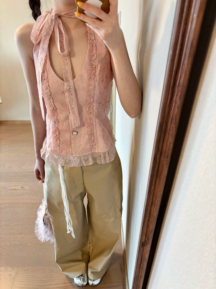 Pink lace neck sling vest design sense new sweet and spicy vest top Popular pure desire style advanced