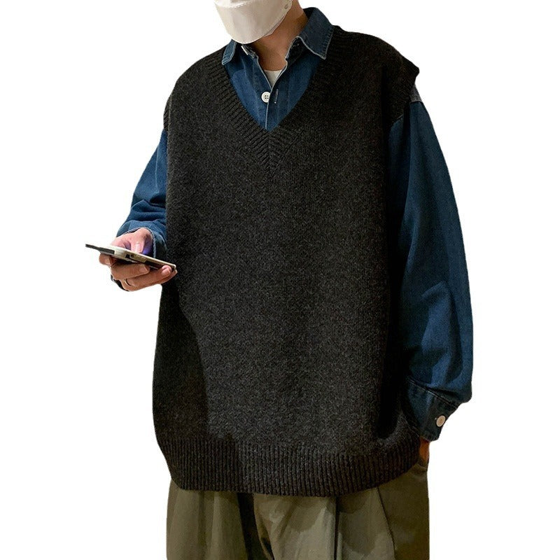 maoxiangshop-shop non binary outfits Knitted Vest Men's Autumn and Winter Ins Sweater Vest Trendy Loose Student V-neck Waistcoat Top Clothes
