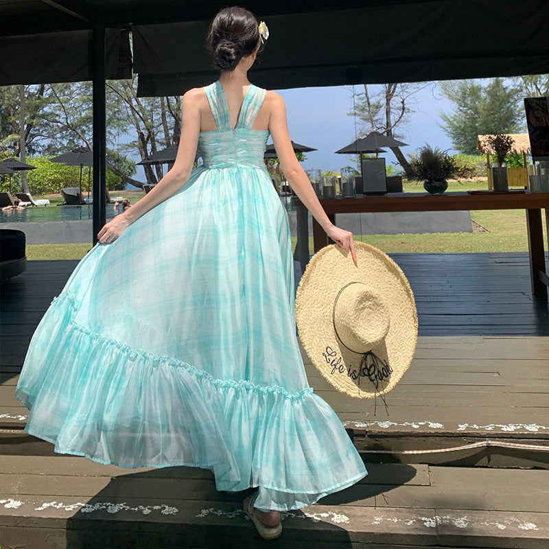 2025 Mint Mambo beautiful beach suspender dress women's summer vacation dress with chest pad elegant high-end fairy dress