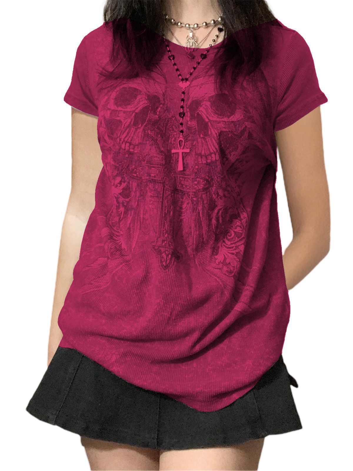 maoxiangshop 2000s fashion Summer New Casual Sweater T-shirt Halloween Skull Printed Short Sleeve Pullover Top Women's Clothing