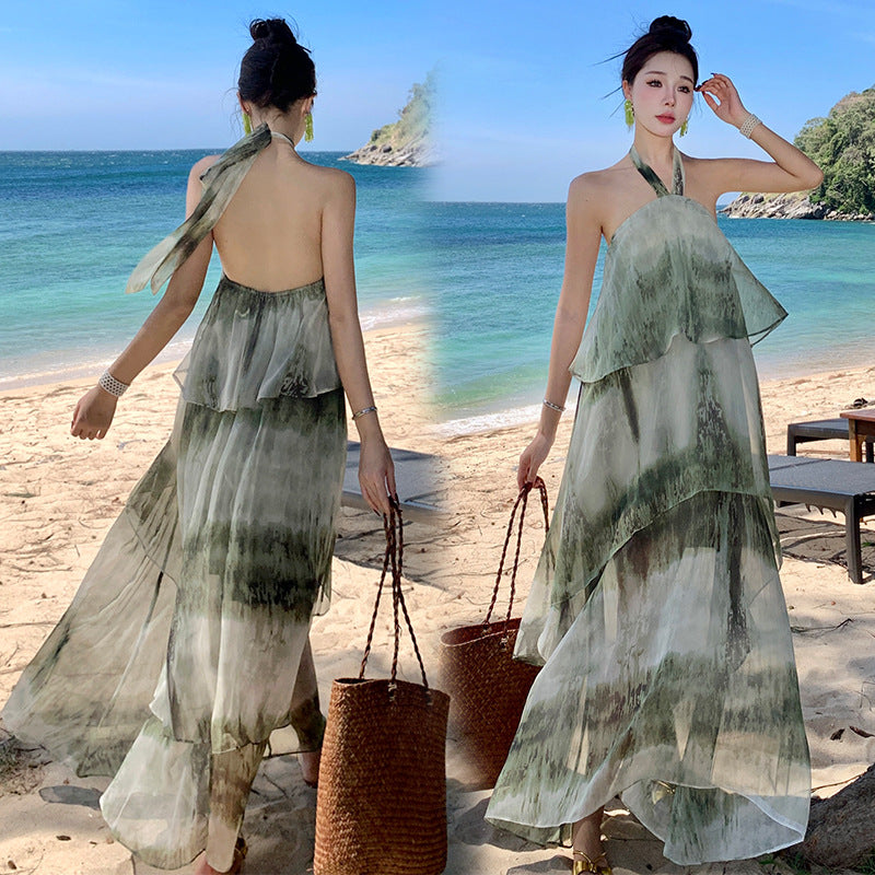 New Chinese Mori style national style, stomach covering fairy skirt temperament hanging neck floral green temperament dress women's summer