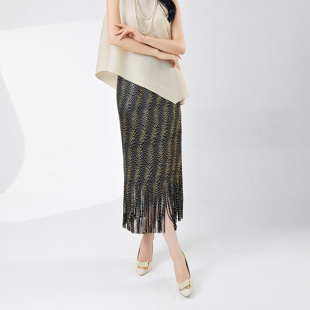 Shenzhen Nanyou women's clothing Sanzhai hot-selling fringed hip-wrapped skirt medium and long temperament versatile bronzing step skirt