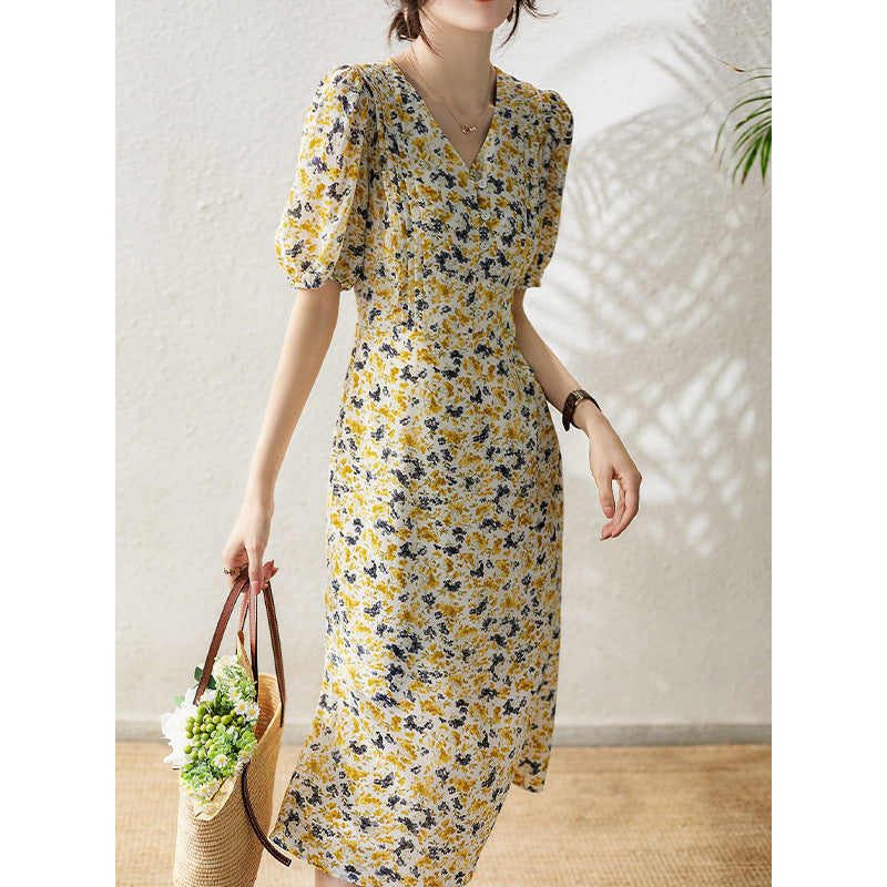 2025 Floral silk dress women's high-end bubble sleeve mulberry silk dress V-neck new women's summer