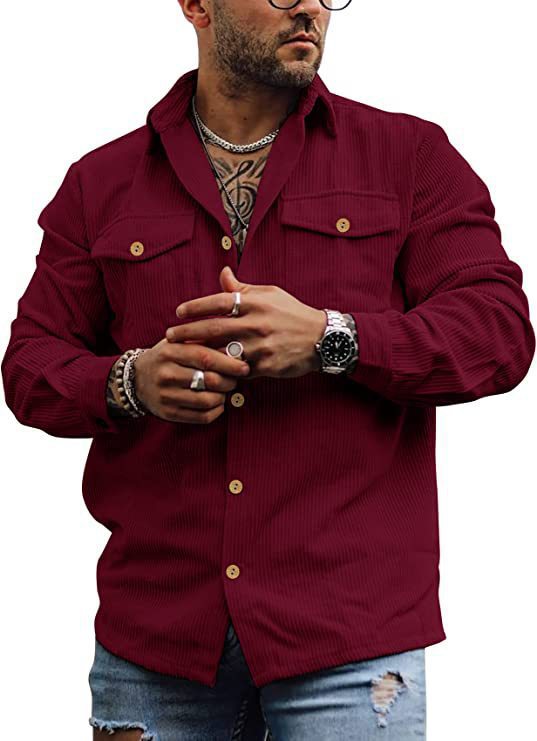 maoxiangshop-shop masculine men Men's New Corduroy Fashion Workwear Jacket Striped Casual Jacket Retro Double Pocket Versatile Shirt