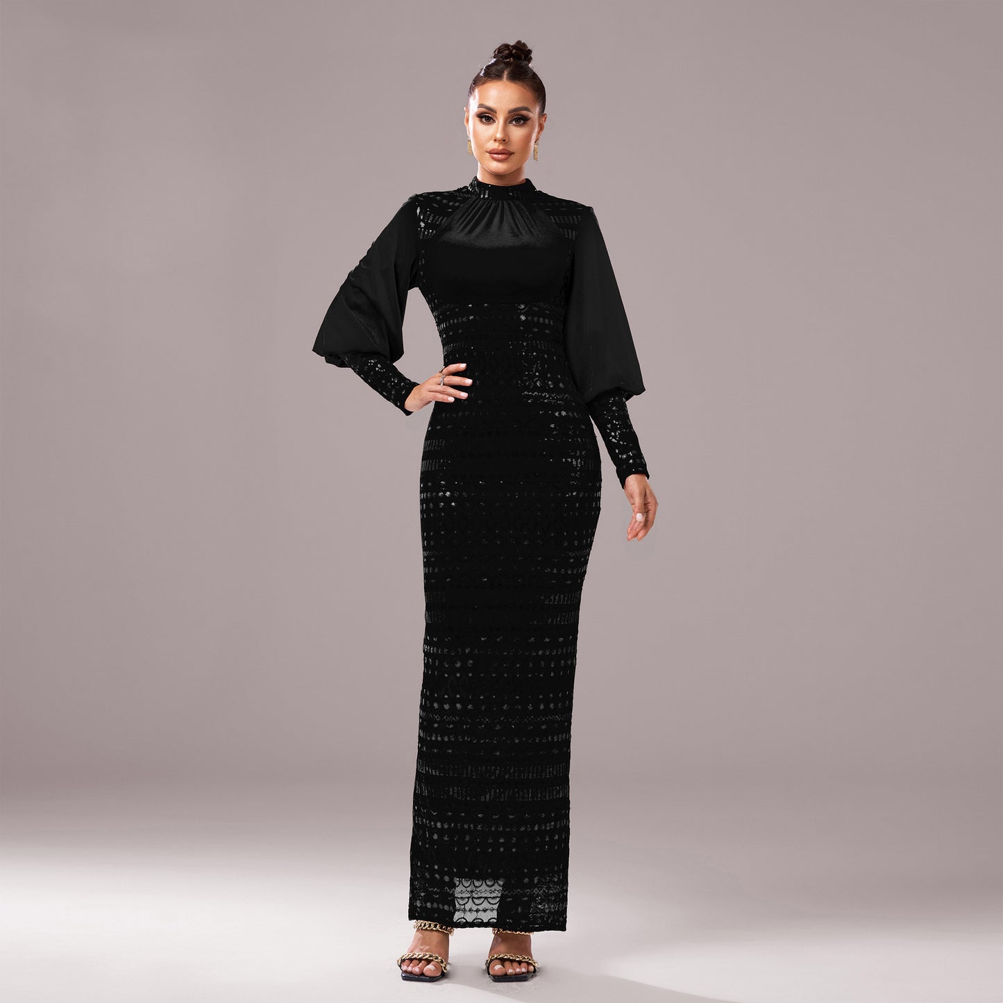 2025 new high-end long-sleeved crew neck banquet sequined hip-wrapped split evening dress bridesmaid dress women