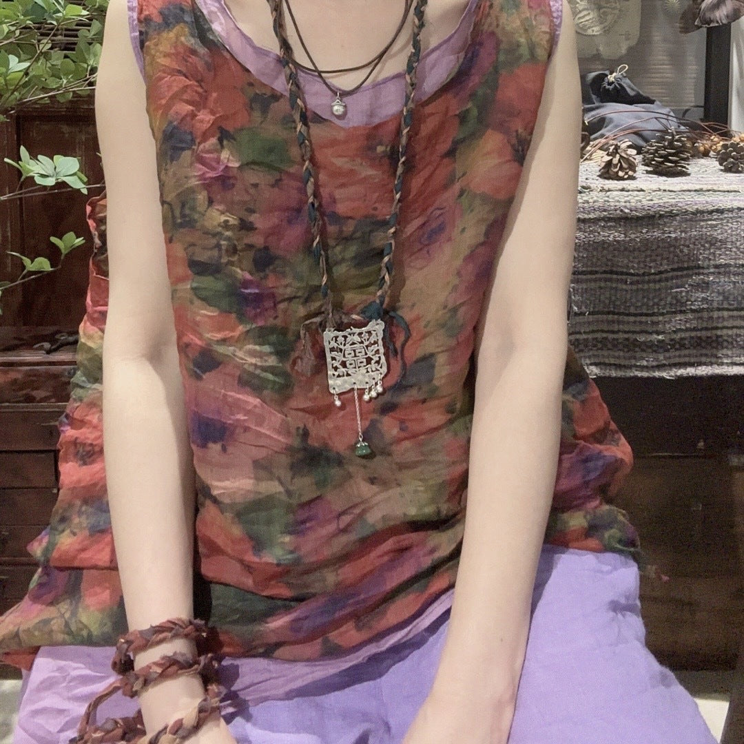 2025 24/4 SN51 Duoduo, literary and casual printing versatile sleeveless retro ramie vest sling
