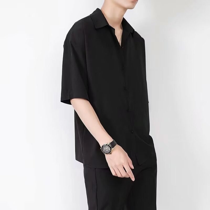 maoxiangshop-shop guy outfits Ice Silk Shirt Men's Short-Sleeved Summer Fashion Brand Men's Casual Jacket High-Grade Ruan Handsome Half-Sleeve Black Shirt