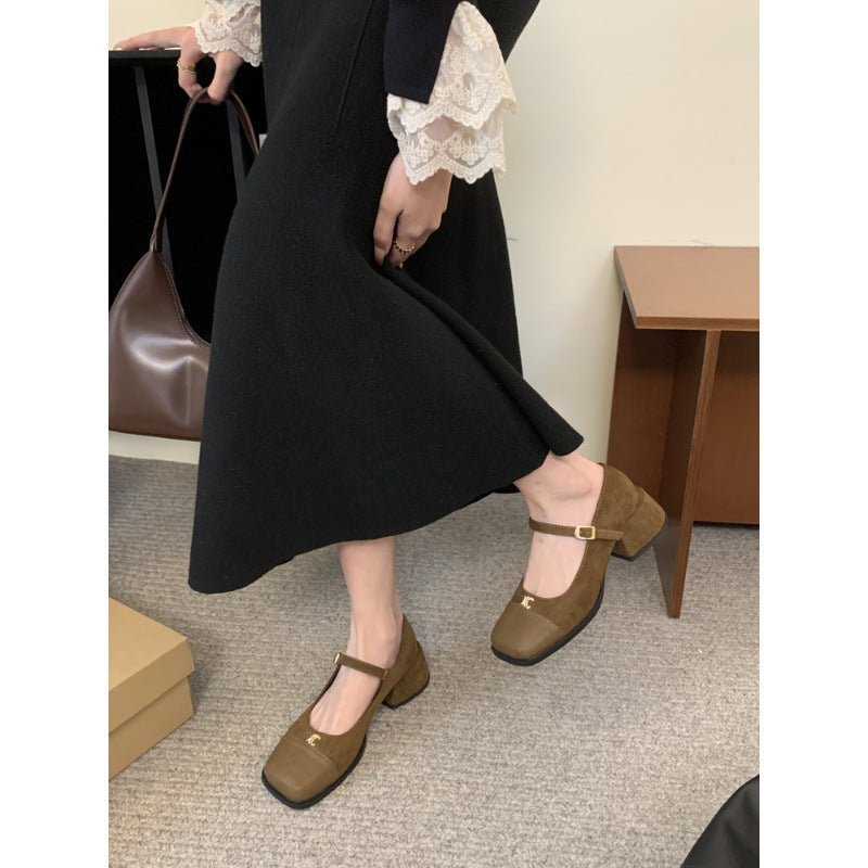 2025 Thick heel square head Mary Jane shoes suede popular new spring medium heel small leather shoes splicing one-word buckle strap single shoes women