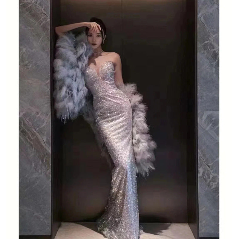 S sexy gray tube top fishtail evening dress 2025 new spring bridal toasting dress host performance wedding ceremony