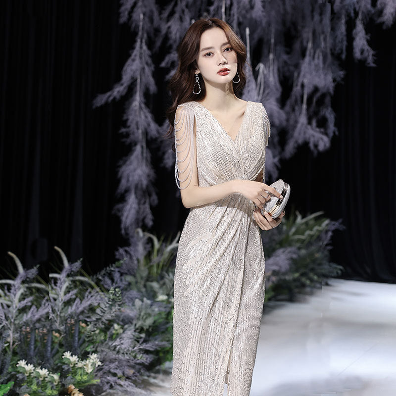 Small evening dress dress women's 2025 spring new champagne celebrity temperament banquet host dress can be worn at ordinary times