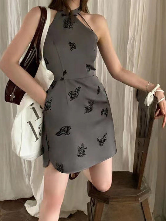 2025 Flocking butterfly flower, new Chinese heavy industry improved square neck dress, chic and beautiful short skirt, new in summer