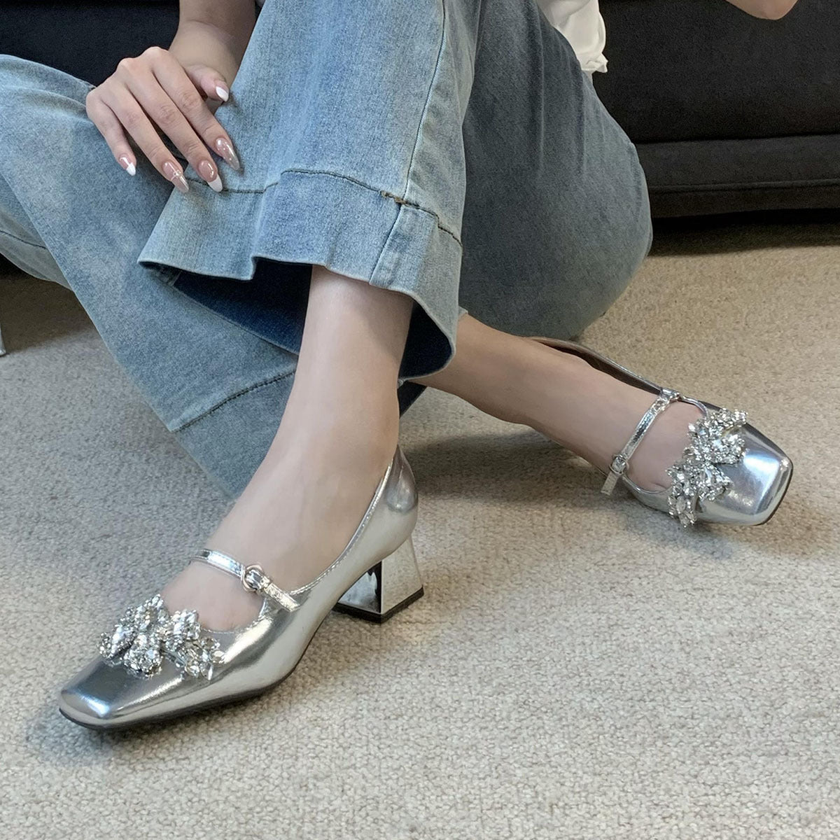 2025 rhinestone premium sense one word with Mary Jane shoes women's square head thick heel medium heel light mouth single shoes