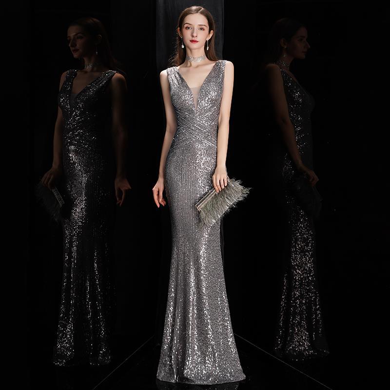 Champagne banquet evening dress long dress 2025 new temperament socialite fishtail sexy long sequined hosting dress