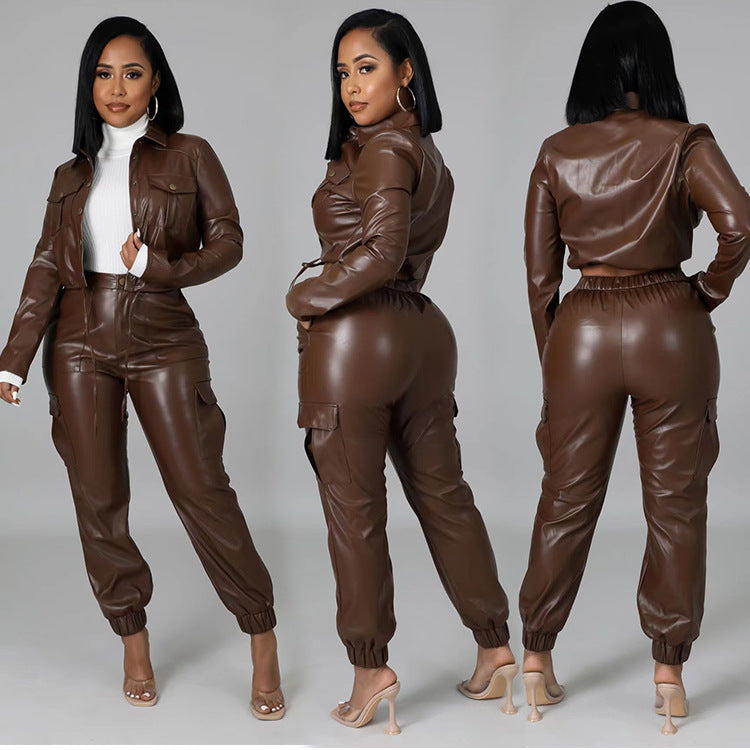 maoxiangshop-shop lookbook outfits Autumn and Winter Hot Sale Fashion Slim PU Leather Fleece Trousers 6 Pockets Tooling Suit Temperament Factory