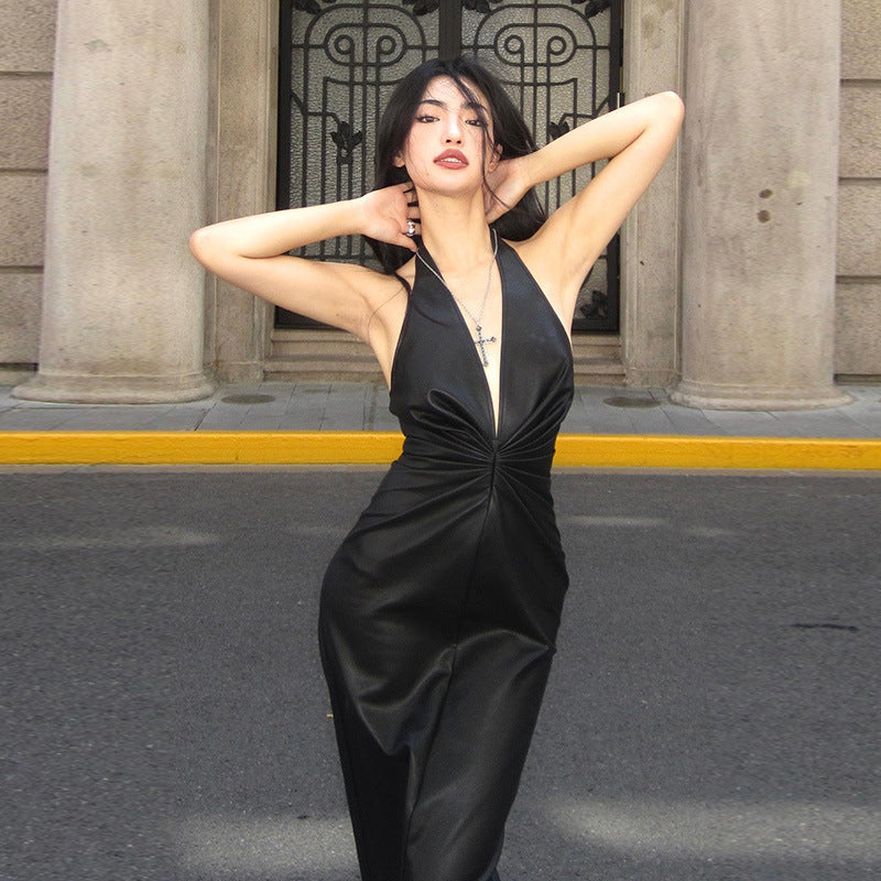 maoxiangshop-shop dress to impress PU Leather High-Grade Elegant Halter Dress New Nightclub Hot Girl Sexy Deep V Backless Sheath Dress