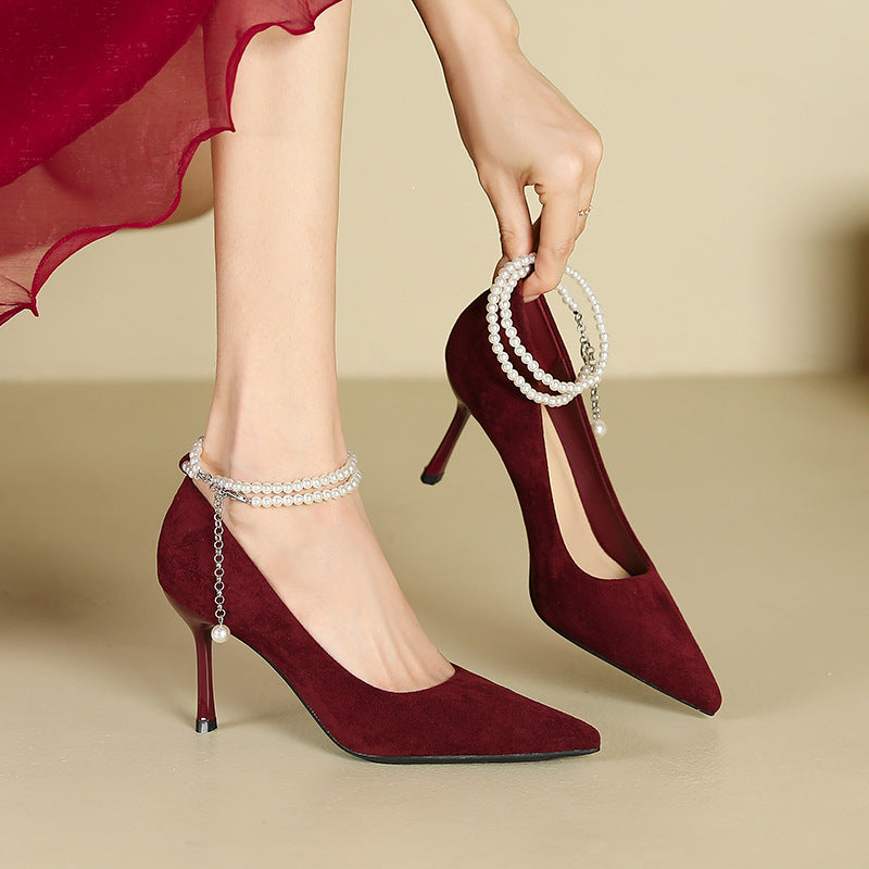 2025 811-B2 one-word pearl suede single shoes women's pointed head stiletto high heels sexy bride bridesmaid Xiuhe wedding shoes