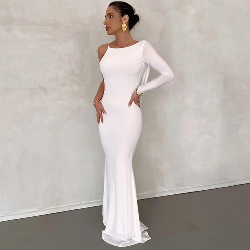 European and American style women's clothing autumn and winter new fashion sexy solid color one-shoulder slim temperament dress