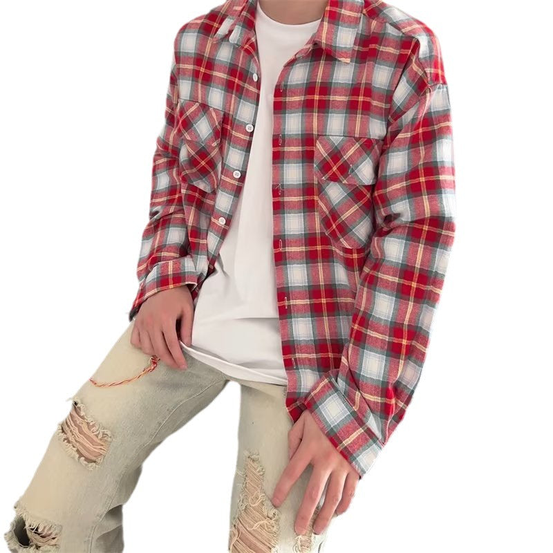 maoxiangshop-shop fall mens outfits American-Style Red Plaid Shirt Men's Spring and Summer New High Street Loose High-Grade Shirt Top