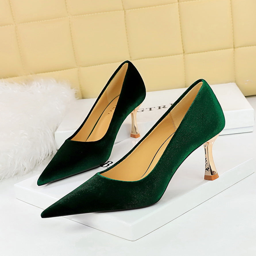 1818-2 2025 style fashionable simple banquet high heels metal heel high heel Xishi suede shallow mouth pointed single shoes