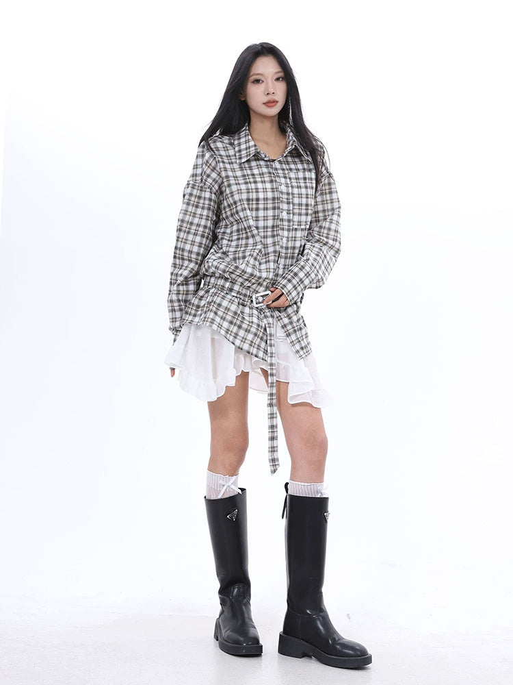 SXL2025 Spring 2025n Easy and Lazy Loose Plaid Lace-Up Shirt Women's Outer with Small Jacket Top