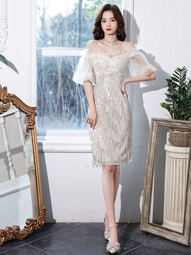 One-word shoulder champagne evening dress dress women new birthday party small people can usually wear host autumn