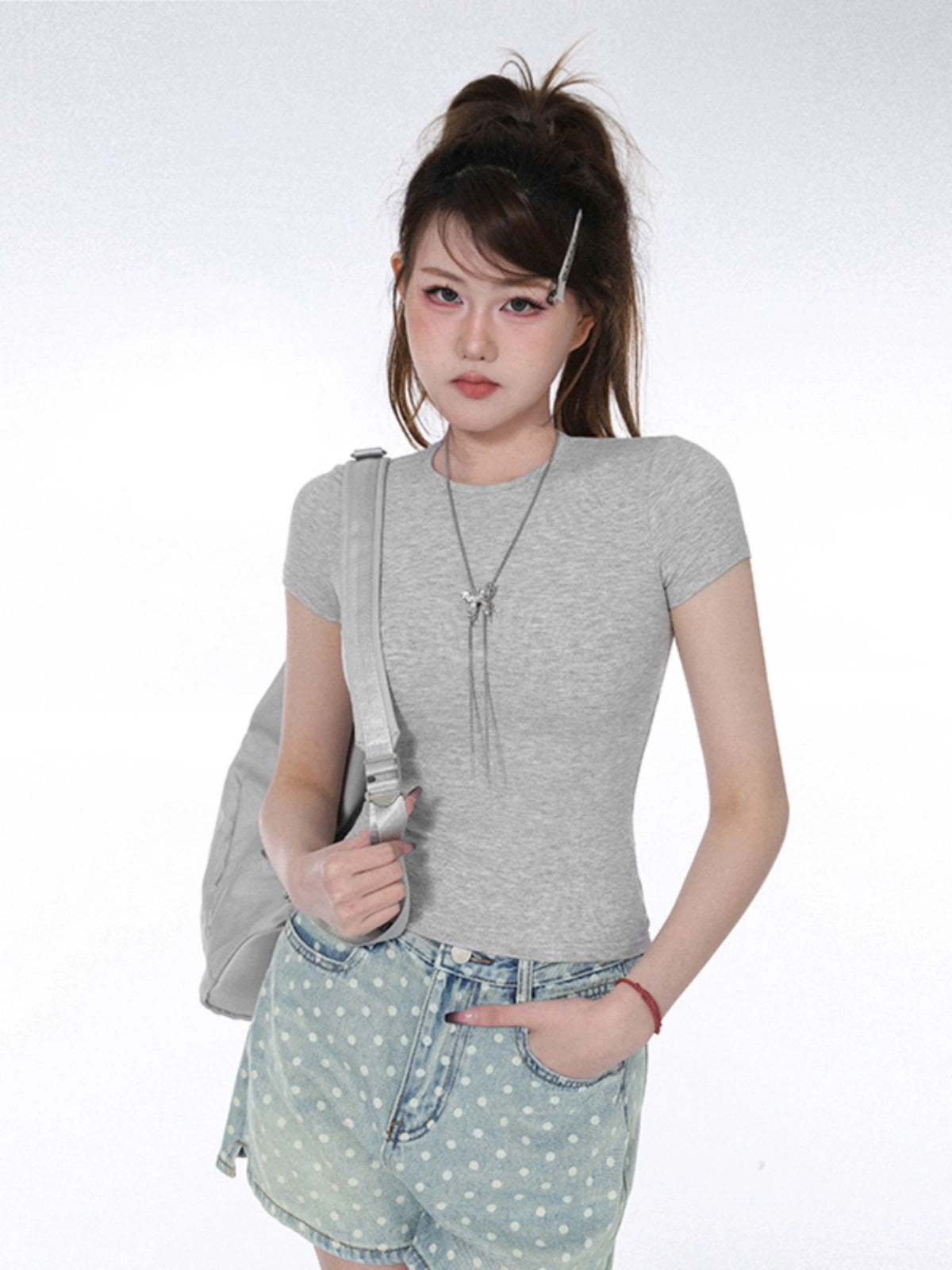 Solid Color Spice Girl Simple T-Shirt popular Summer New Slim Elastic Waist Short Sleeve Versatile Top Women