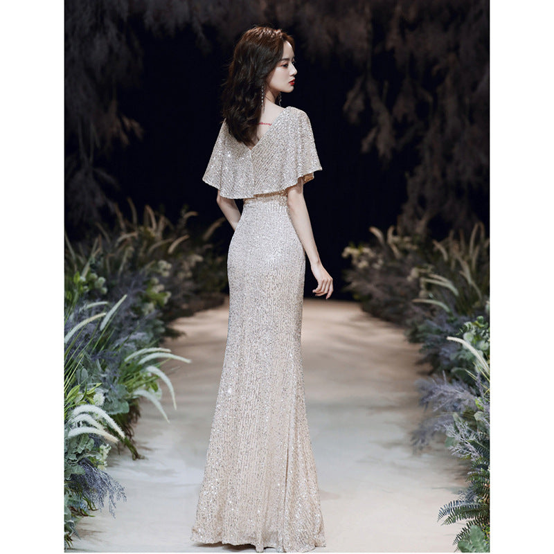 Champagne banquet evening dress sequins 2025 new spring temperament long fishtail dress annual meeting hosting dress