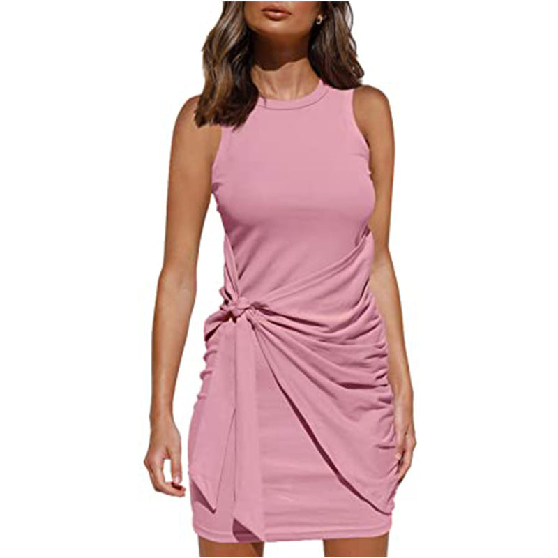 Women's Clothing Amazon Hot-selling Sleeveless Round Neck Bow Irregular Belt Dress