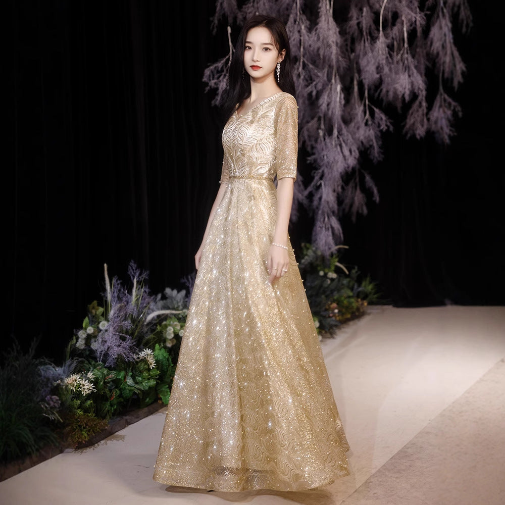 Golden Performance Dress Dress Women's Banquet Starry Sky Annual Meeting Host People's Congress Choir Performs Evening Dress Dress