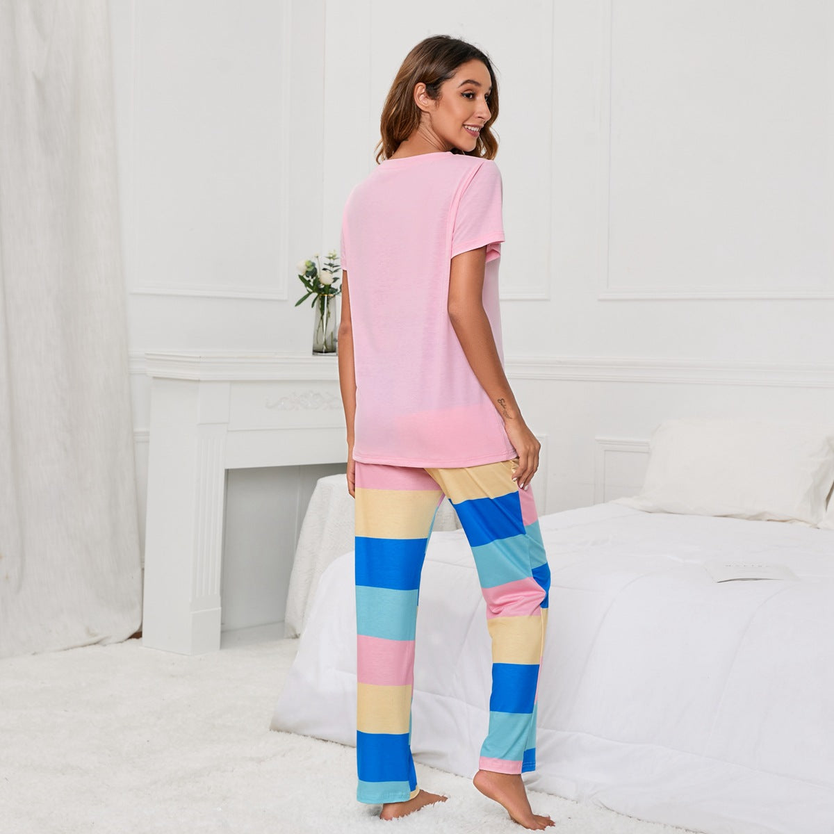 MAOXIANGSHOP 2025Real new products, 2025 New independent stations, solid color round neck T printing striped women's casual cover, loungewear pajamas, women