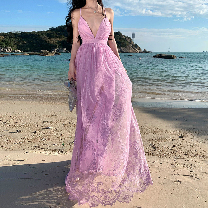 Sanya beach skirt suspender deep V-neck sexy backless lace mesh dress vacation wind elegant travel photo dress