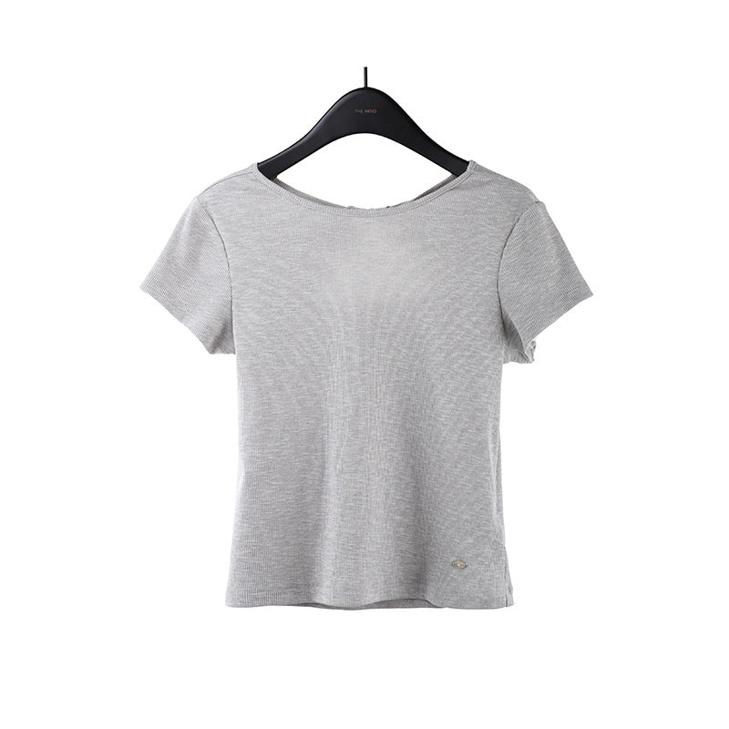 2025 kink backless design short-sleeved T-shirt women's 2025 summer Korean simple solid color top 015AX