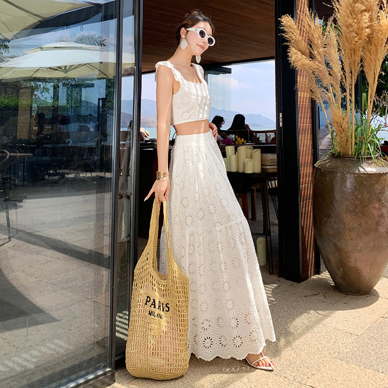 Holiday style white embroidery hollow lace suit skirt summer temperament small vest half-length skirt two-piece set