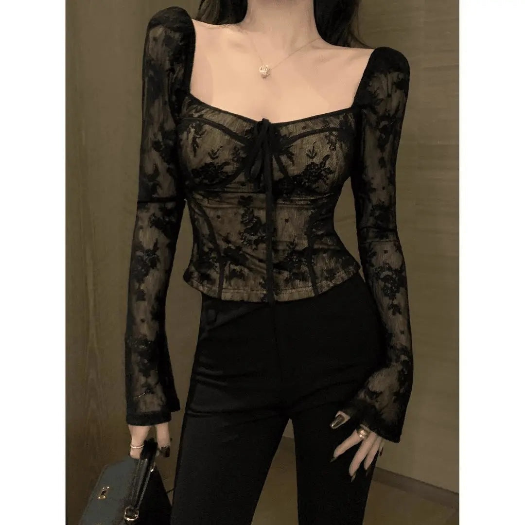 maoxiangshop avant garde dress to impress French Style Retro Square Collar Long-Sleeved Lace Shirt Women's Early Autumn Slim-Fit Slimming Hot Girl Top