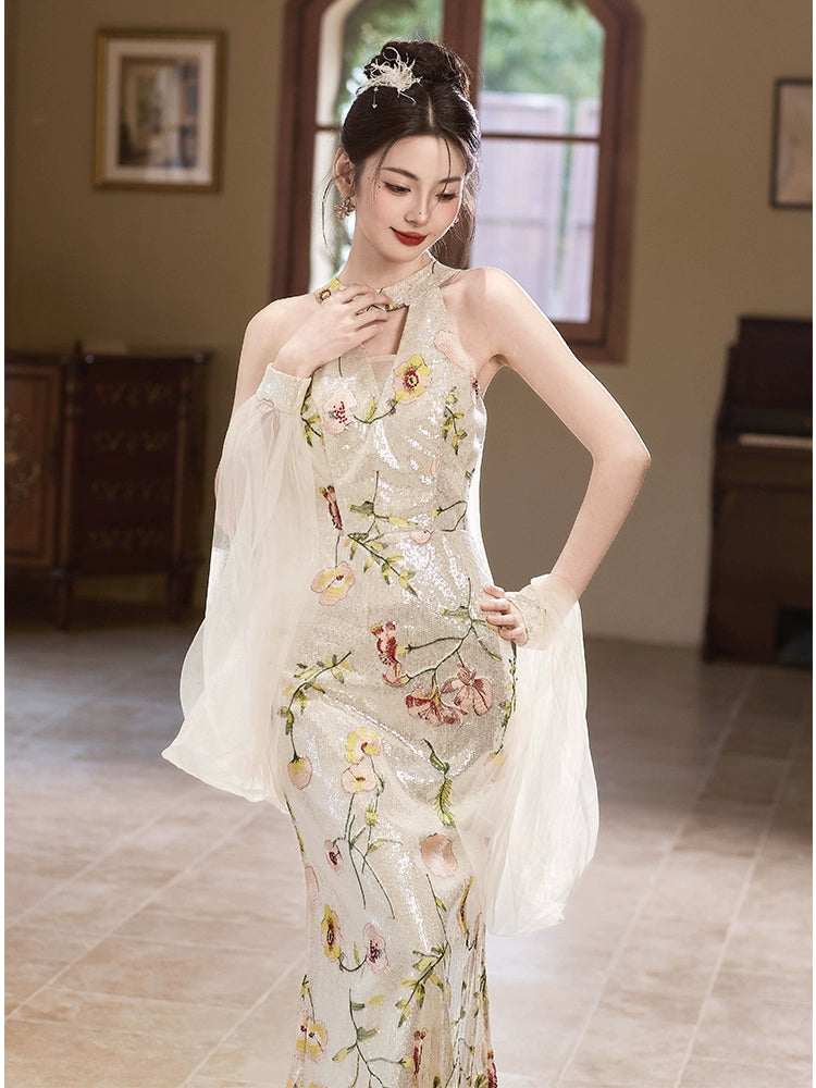 Fishtail flower evening dress women's new high-end engagement toast dress high-end light luxury niche slim