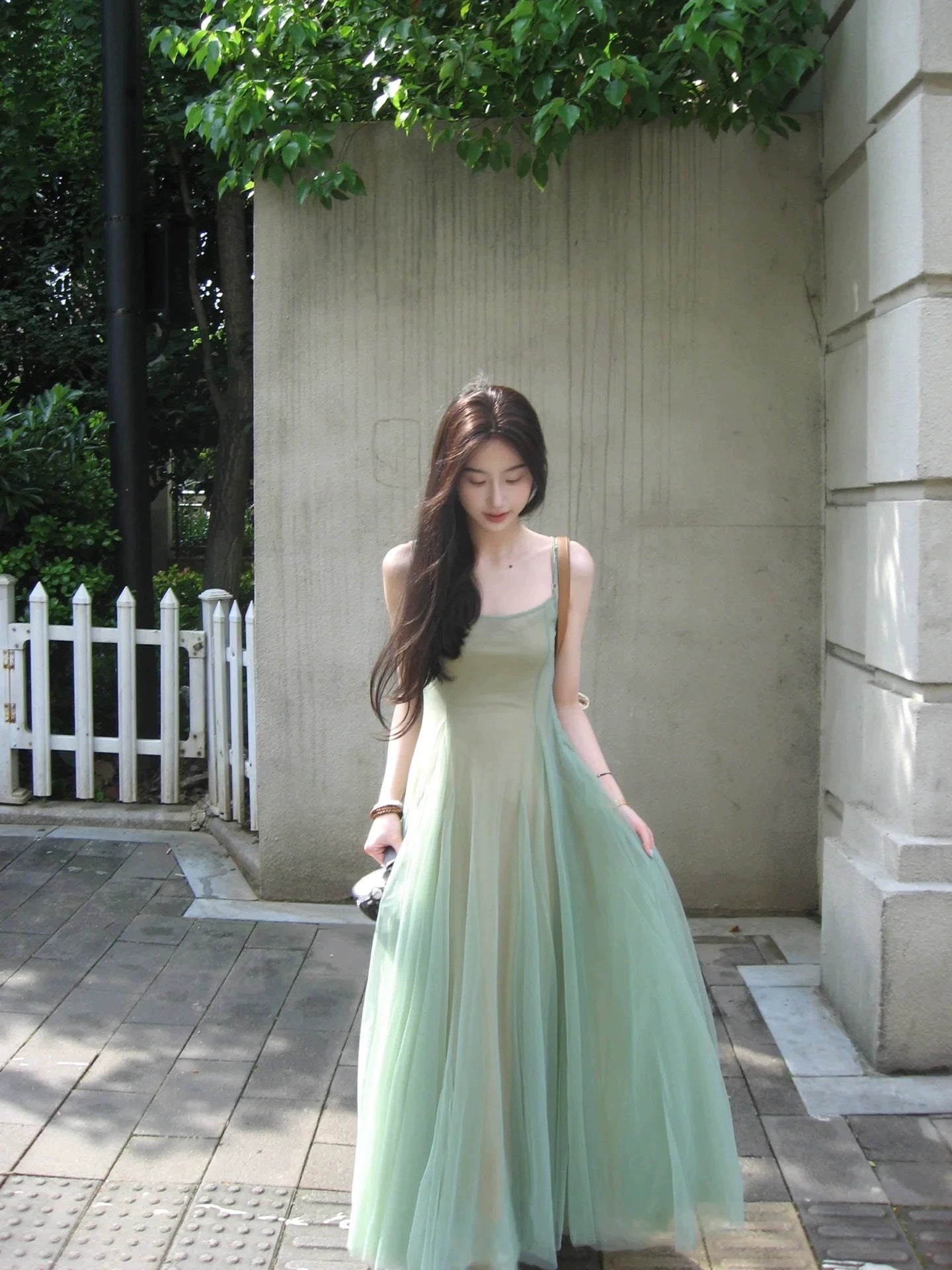 Two-piece art raw green slim-fit suspender dress women's high-end waist fairy banquet dress long dress
