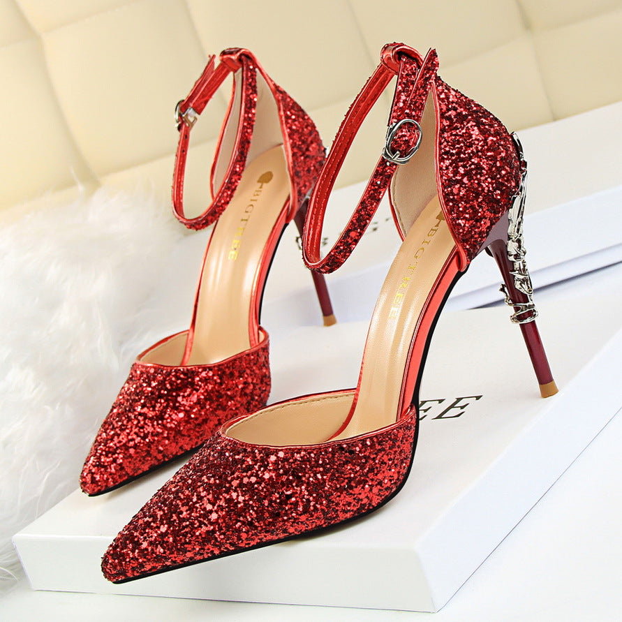 283-A5 2025 sexy hollow women's shoes metal decorative high heel shallow mouth pointed sequins word with hollow sandals