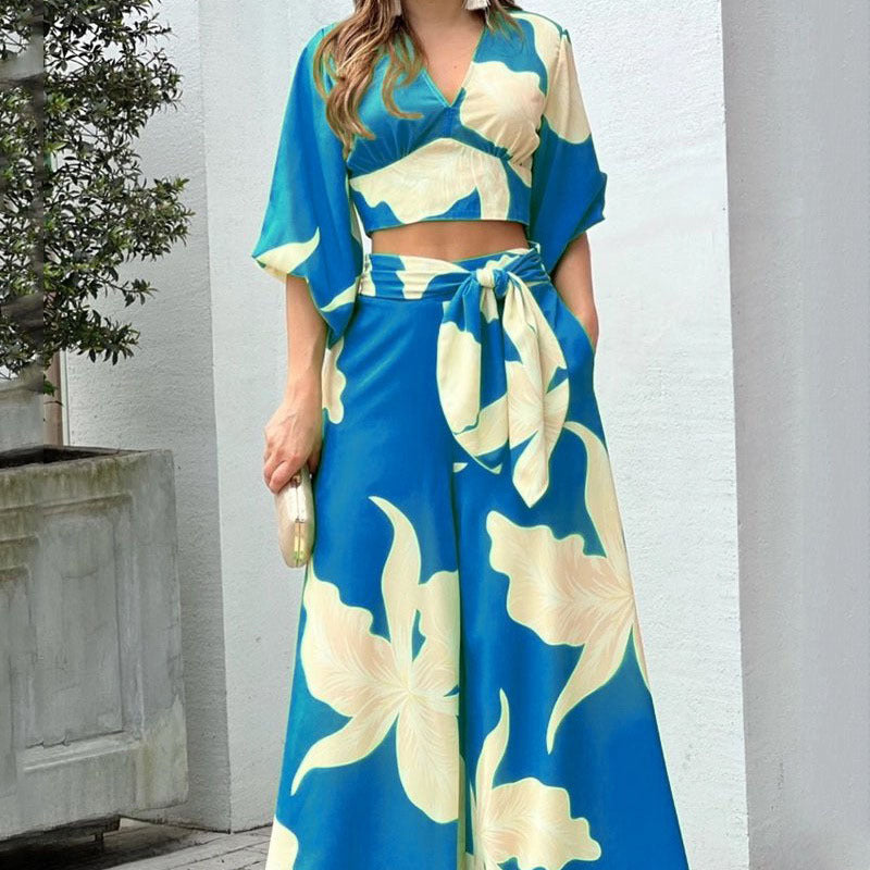 maoxiangshop Top Women's 3D Printed Pants Set - Designer Sexy Casual Women Floral Printed V Neck Ladies Long Sleeve Blouse Crop Top High Waist Wide Leg Pants Two Piece Set