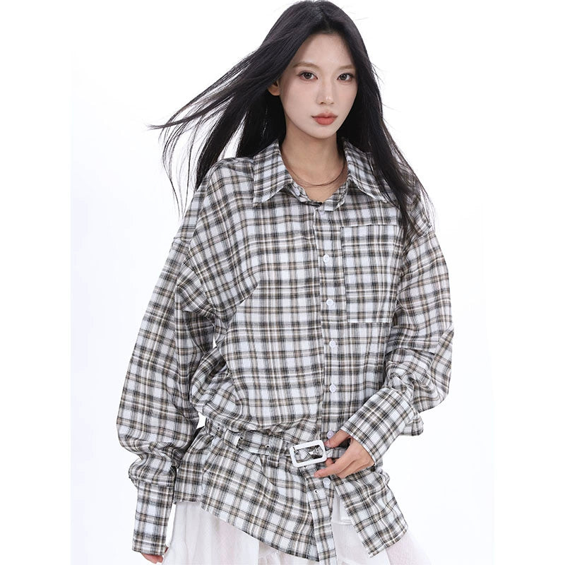 SXL2025 Spring 2025n Easy and Lazy Loose Plaid Lace-Up Shirt Women's Outer with Small Jacket Top