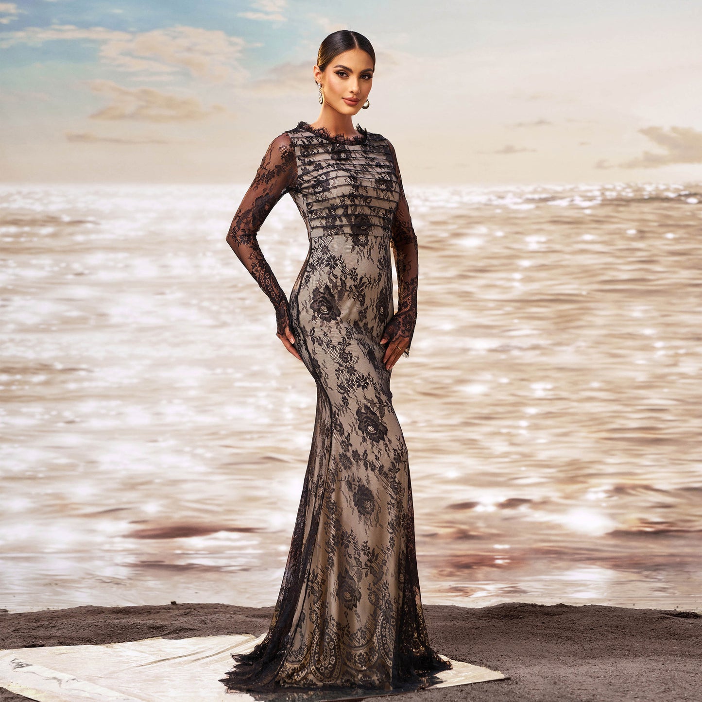 2025 new high-end long-sleeved crew neck banquet mesh yarn hip-wrapped fishtail evening dress bridesmaid dress women