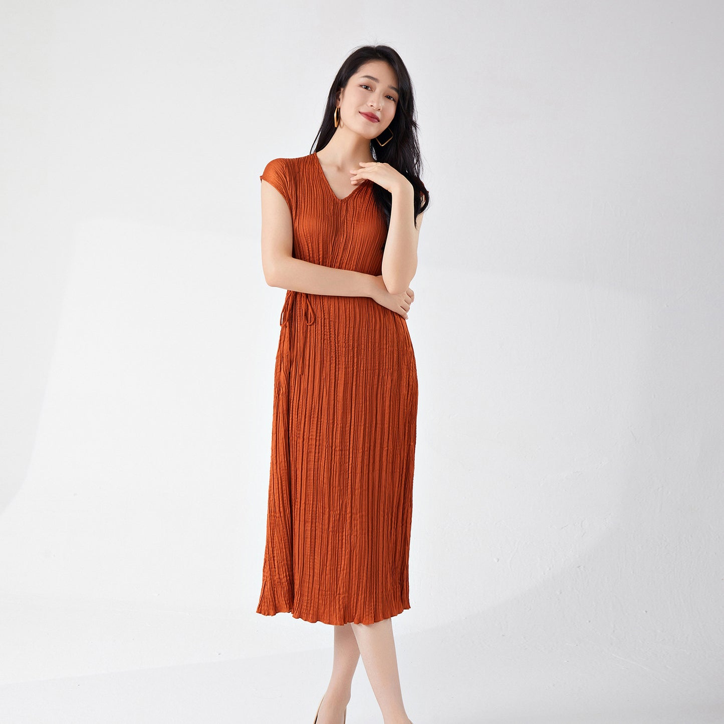 Women's clothing summer high-end wear loose large size lace-up and thin v-neck sleeveless a-word medium and long dress