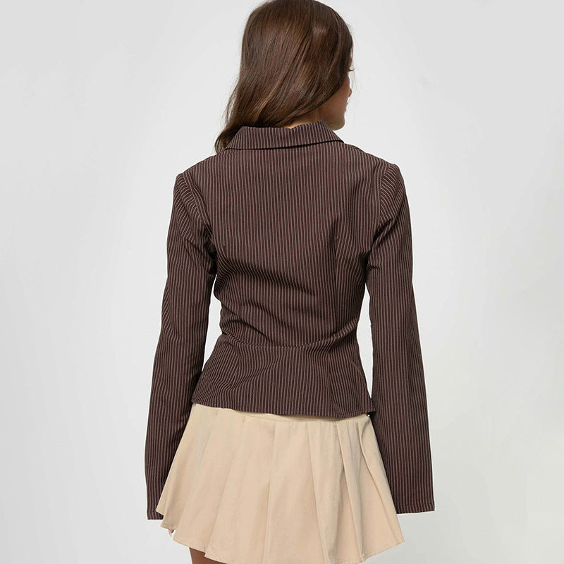 outfit inspo Elegant Commuter Style Lapel Bell Sleeve Striped Shirt Women's Bag Buckle Cardigan Slim Waist Tight Top New