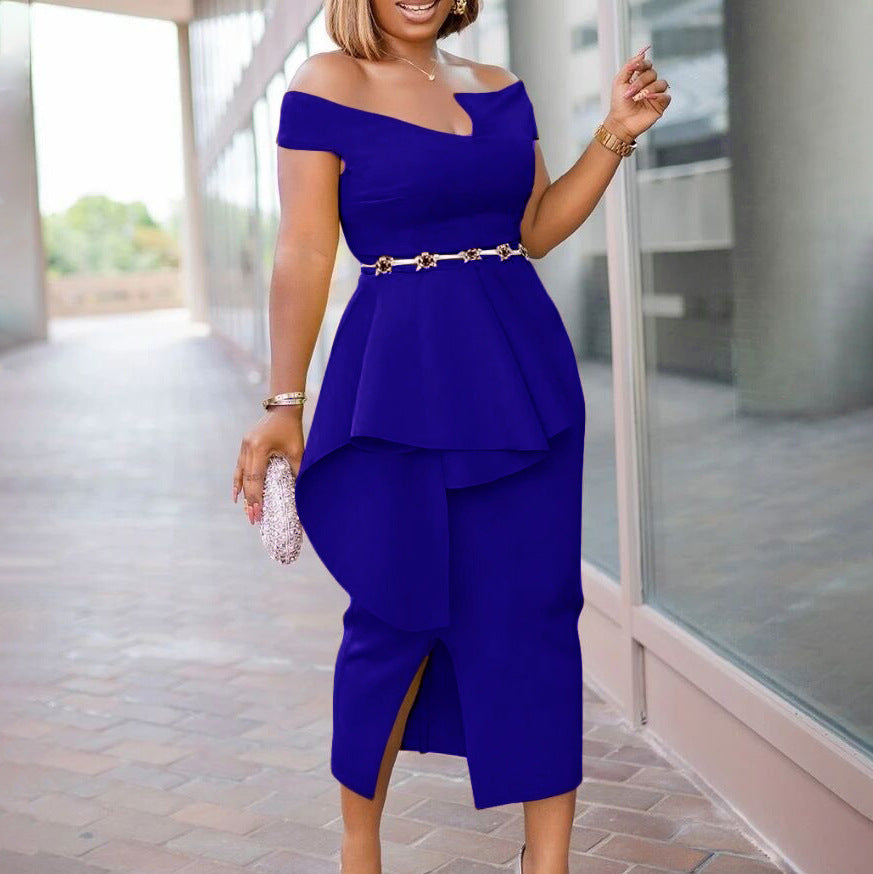 2025 D214 2023 Summer Short Sleeve Hip Wrap Solid Color Split End OL Off Shoulder 2025 Dress Cross-border Dress Dress