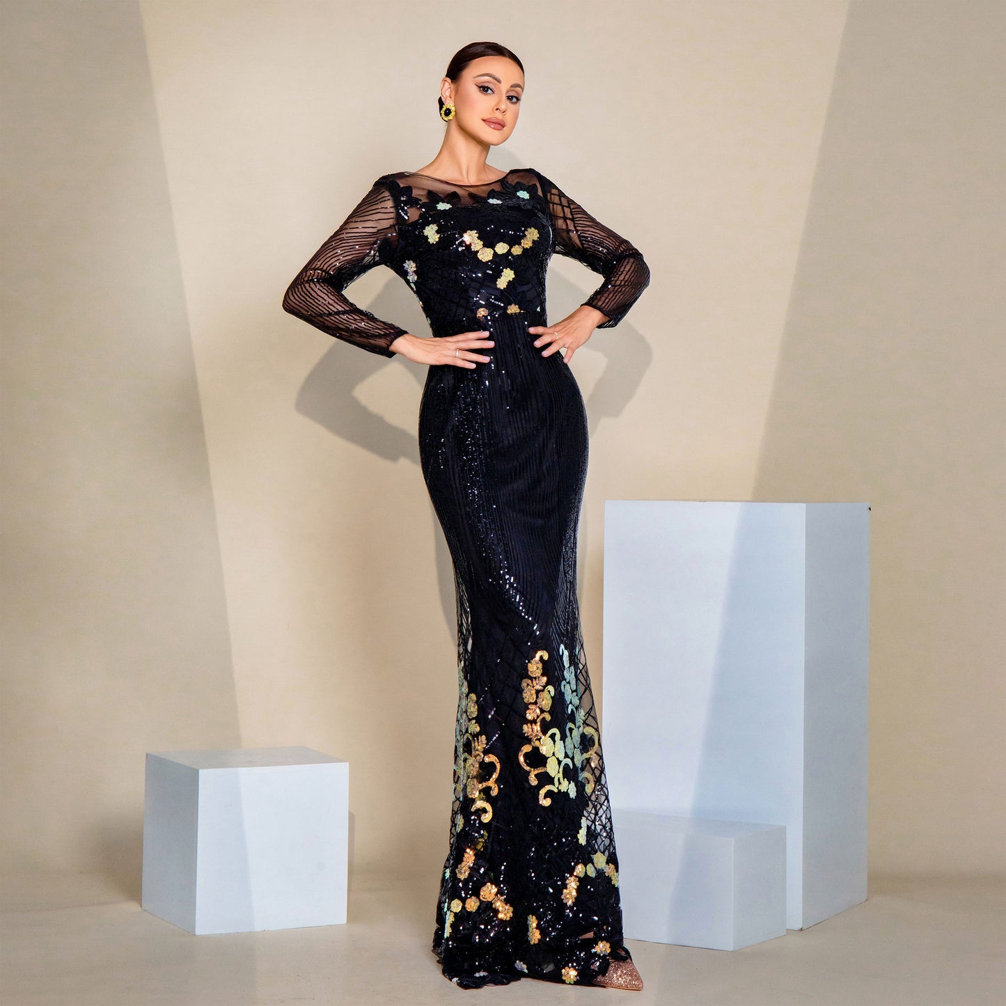 2025 high-end temperament sexy long sequins long sleeves crew neck banquet evening dress bridesmaid dress women