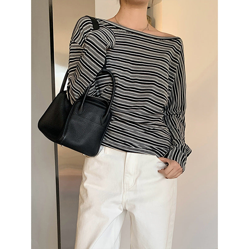 2025 Tencel striped contrasting color long-sleeved T-shirt women's 2025 spring new pleated versatile top T268