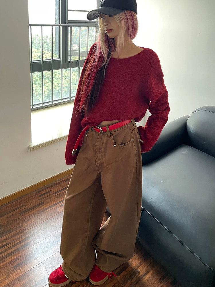 Lazy Wind Loose Pullover Warm Long Sleeve Sweater Autumn and Winter New Lace-up Design Fashion Knitted Sweater Women