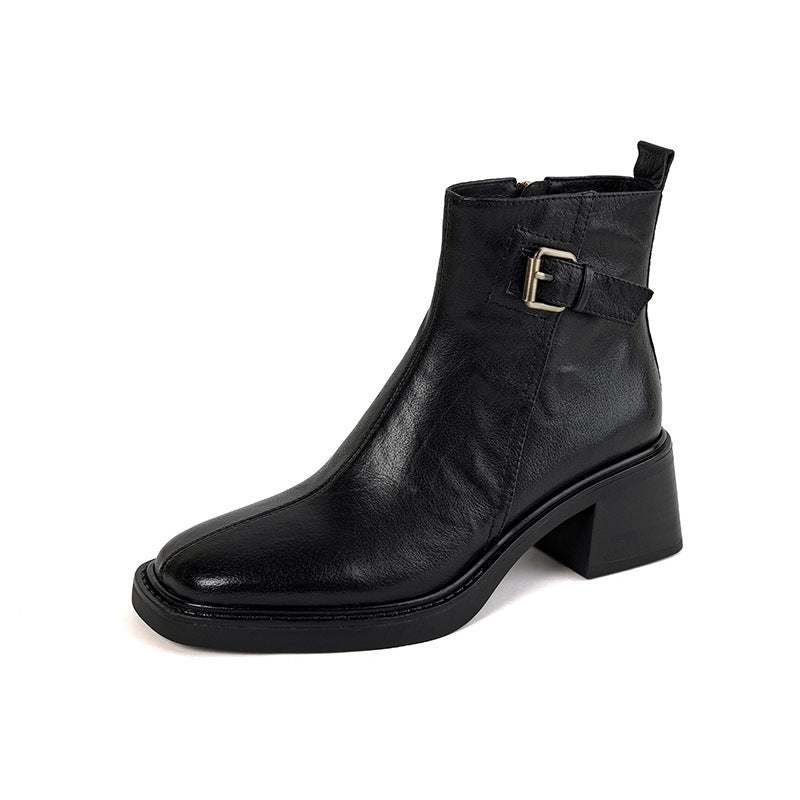 2025 retro square head medium heel thick heel belt buckle short boots femininity side zipper British retro and ankle boots